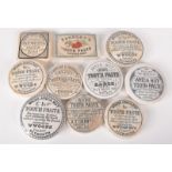 Ten toothpaste pot lids, including Woods Plymouth, Areca Nut and Yardley's London & Paris.
