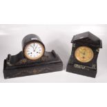 Two Victorian black slate mantel clocks, height 25cm, width 40cm and height 28cm, width 20.