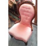 A Victorian walnut lady's salon chair, with pink upholstery, height 95.