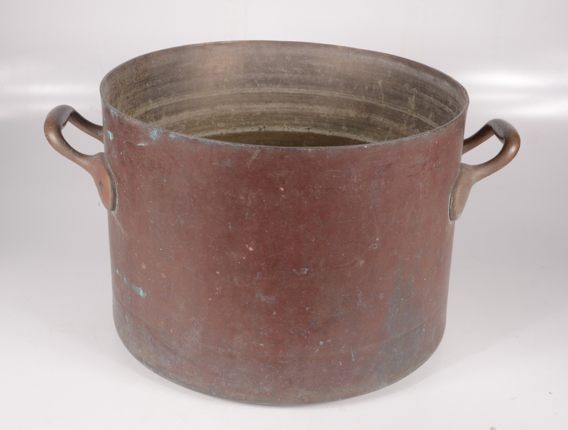 A large P & O copper saucepan by Elkington & Co, with a pair of handles, height 28.
