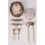 A Victorian gold mounted stone brooch, a cameo brooch and other jewellery mostly gold.