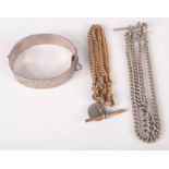 A silver curb link double Albert watch chain, one other watch chain and a silver bracelet.