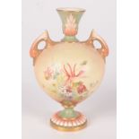 A Royal Worcester ivory blush, twin handled vase, decorated with floral sprays, foliage, shape no.