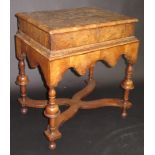 A walnut and burr figured olive wood and oyster veneered lace box on stand,