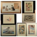 Seven Japanese woodblock prints, each with calligraphy and signed,
