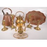 A Secessionist brass spirit kettle, a copper jug, a brass and cut glass ink stand,