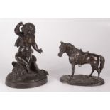 A spelter figure of a horse, 19th century, height 15cm, width 16cm and a bronze figure of a cherub,