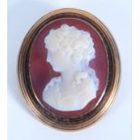 A good carved hardstone cameo in gold brooch mount.