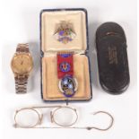 Enamelled silver Masonic regalia, a Seiko wristwatch and a pair of pince nez.