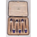 A set of six Asprey retailed coffee spoons with blue and white enamel London import mark of Henry