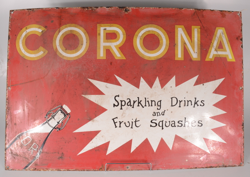 A Corona Sparkling Drinks and Fruit Squashes rectangular enamel sign, 51 x 76.5cm.