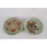 Two Chinese celadon fluted dishes, one decorated with a basket of flowers,