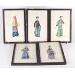 A set of five Chinese rice paper paintings, 19th century, of figures in traditional costume, 25.