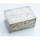 A Russian silver cigarette box, the lid engraved with a winter troika,