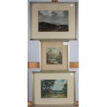 Three watercolours by J. Charnock, a river scene with hills and cattle, 13.