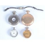 A gold cased keyless fob watch, a silver fob watch,