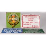 A Southern Railway green enamel sign 10 x 28cm and three other enamel signs.