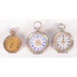 A 9ct gold open faced fob watch, together with two silver open faced fob watches.