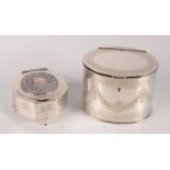 An Adam style engraved silver plated tea caddy and an Egyptian silver box.