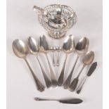 Six silver spoons, a pair of silver salt spoons, two silver butter knives,