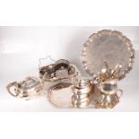 Miscellaneous silver plated items, including a three piece tea set, trays,