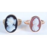Two 9ct gold rings each set a hard stone cameo.