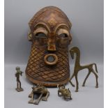 An African tribal mask, 34.5 x 19.5cm and four Ashanti gilt metal figures.