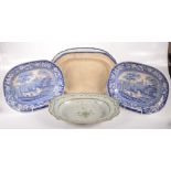 Five miscellaneous pottery meat plates, to include two blue and white and two pearlware.