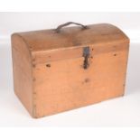 A pine domed top trunk, of small proportions, with a leather handle, height 28cm, width 41cm,