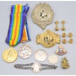 A pair of WWI medals to 37430 Private G Ramsay, together with a family silver identity bracelet,