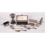A late Victorian embossed silver small casket, Chester 1899, together with other silver, 9.4oz.