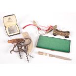 Miscellaneous to include corkscrews, a Ronson lighter, small brass level etc.