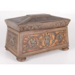 A mahogany painted tea caddy, 19th century, of sarcophagus form,