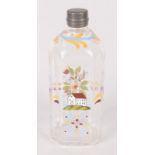 A continental Stiegel type bottle, painted with a house, a bird and flowers, metal screw cap,