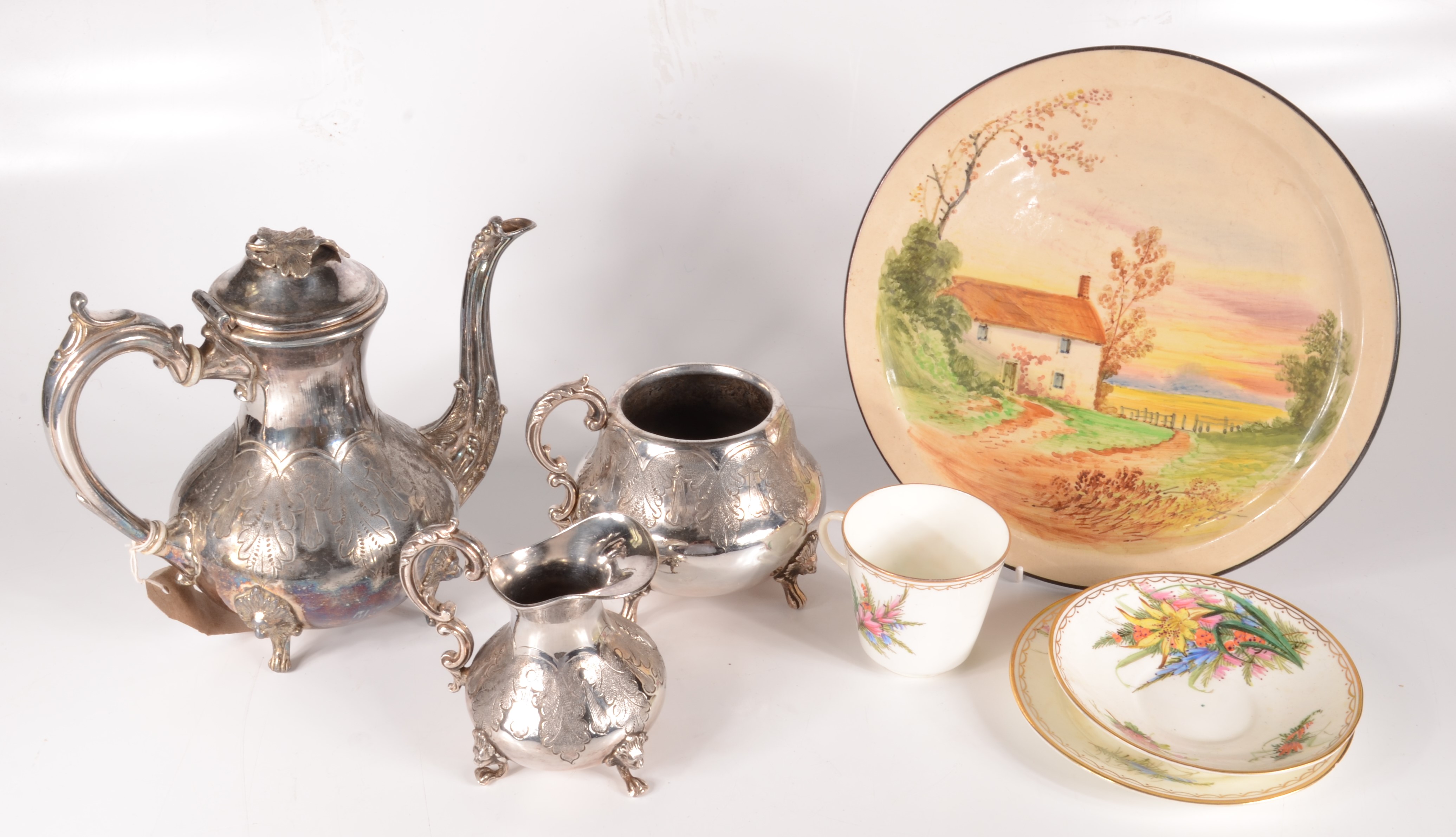 Miscellaneous, to include a three piece silver plated coffee set,