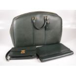 A set of Louis Vuitton green leather luggage, comprising a weekend bag, height 42cm, width 60cm,