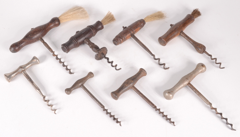 Four corkscrews with brushes and four all steel 'T' corkscrews.