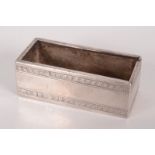 A Chinese silver rectangular box, (lacks cover), with bands of geometric decoration,