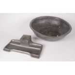 A circular pewter bowl, height 8cm, diameter 30cm and a pewter inkstand with ceramic liner,