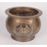 A Chinese brass censer, 20th century, the circular bulbous body with lion mask handles, height 11cm,