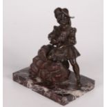 A French bronze figure of a cavalier, 19th century, on a rectangular marble plinth base,