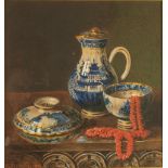 Alexander STANESBY Still life with blue and white ceramics and coral necklaces Watercolour Signed