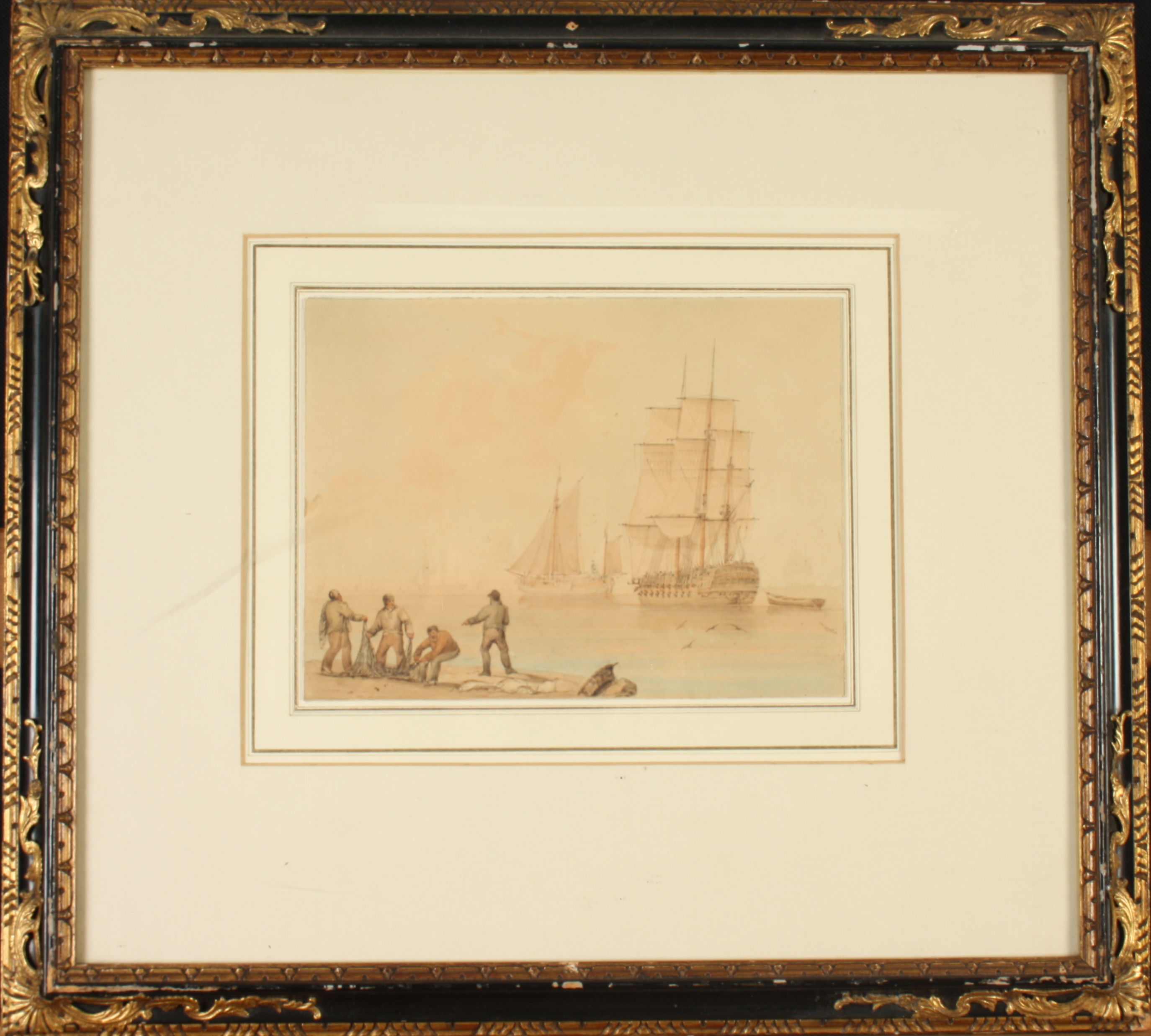 Attributed to William JOY Frigate at Anchor Watercolour Arthur Ackerman gallery label to the - Image 2 of 3