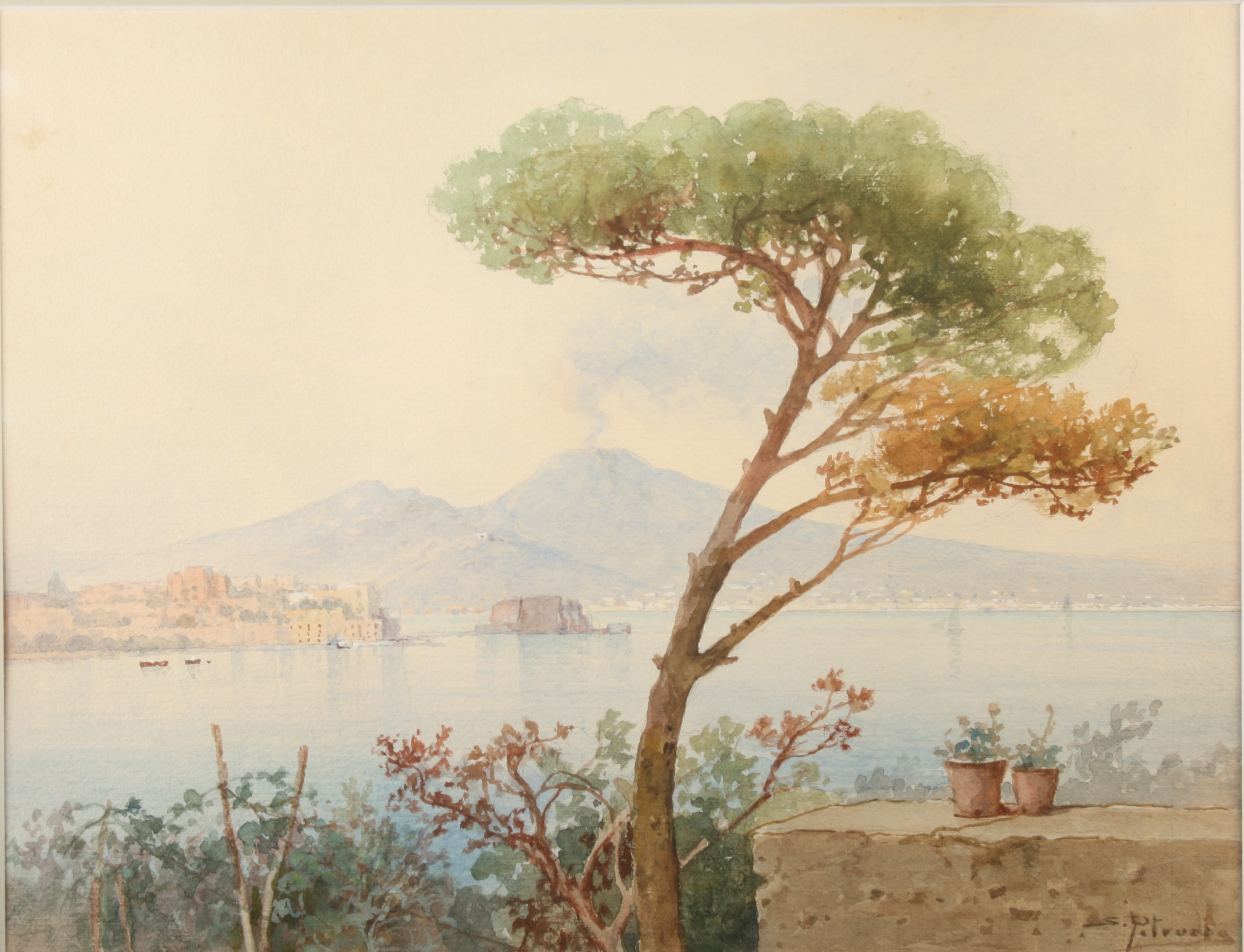 Salvatore PETRUOLO Vesuvius Watercolour Signed 28 x 36cm and Villa Rosesberg Watercolour Signed