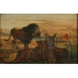 R GHERREN (?) Lions Watching Deer Before A Sunset Oil on board Signed 31 x 47 cm