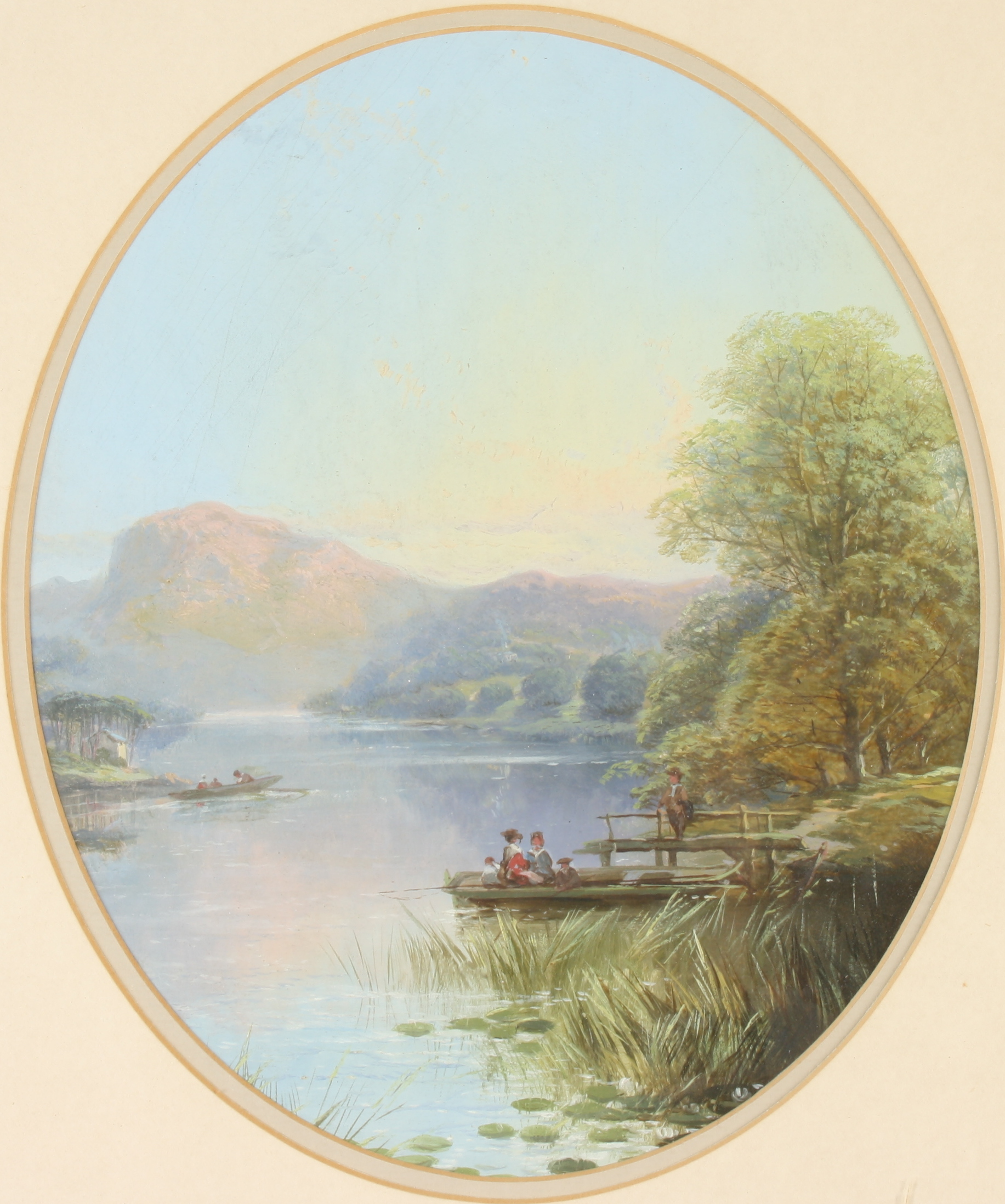 Attributed to Walter WILLIAMS Lakeside Figures Oil on board 24 x 20cm oval