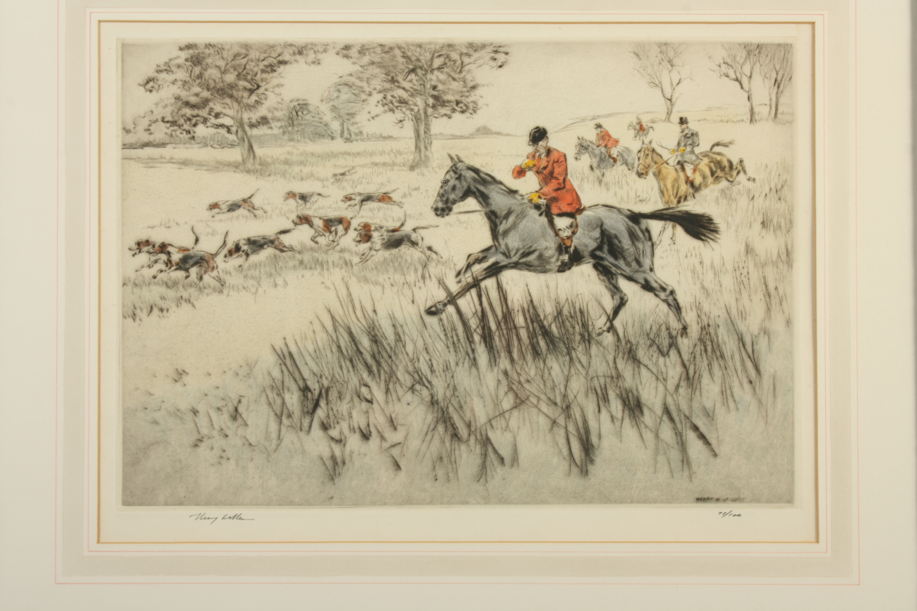 Henry WILKINSON Hunting Scenes, a pair Coloured etching Signed and numbered 27 x 39.