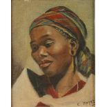 E MOYES African Head Oil on board Signed 24 x 19cm