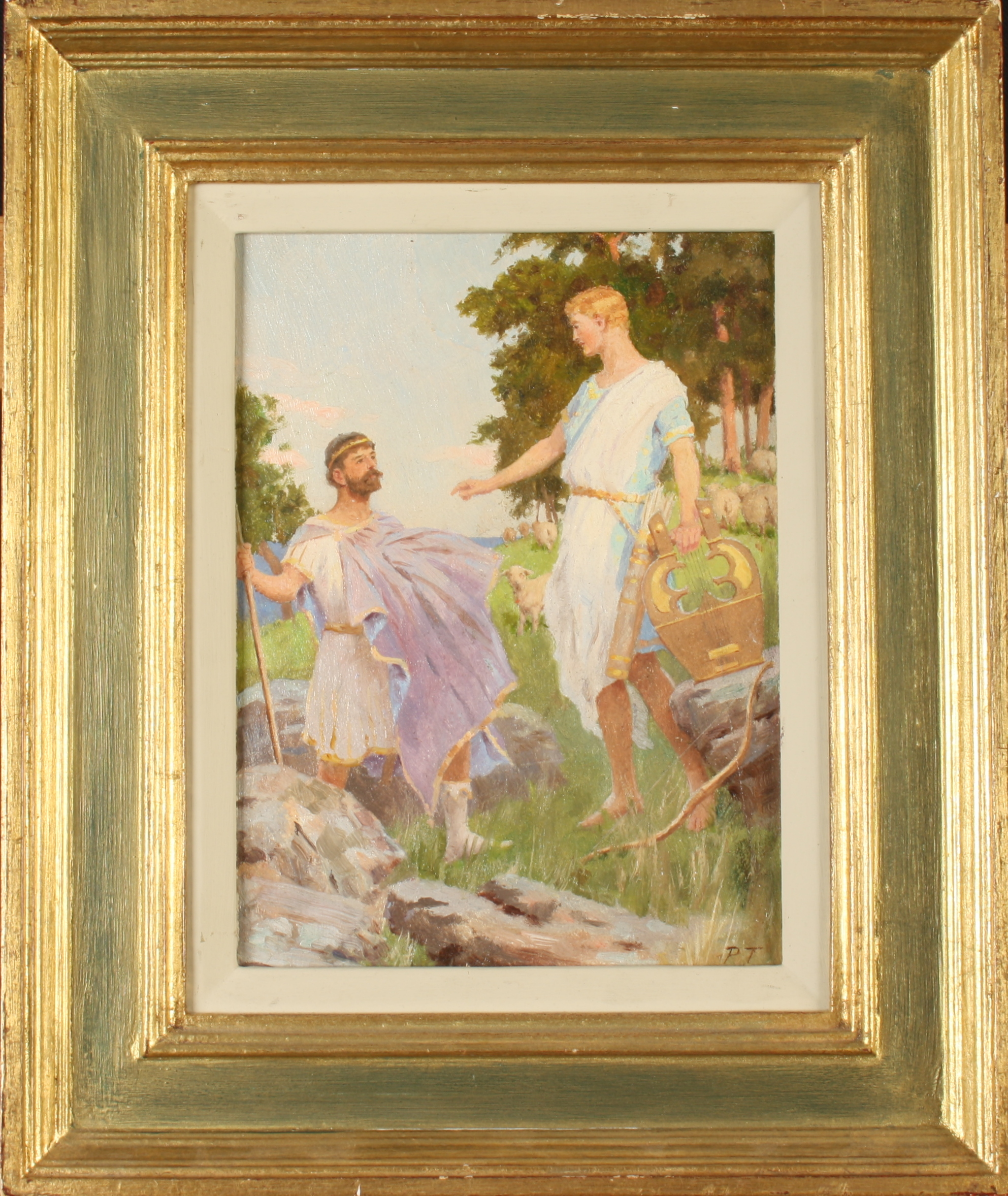 Percy TARRANT Advice From The Gods Oil on board Initialled 20 x 15cm - Image 2 of 2