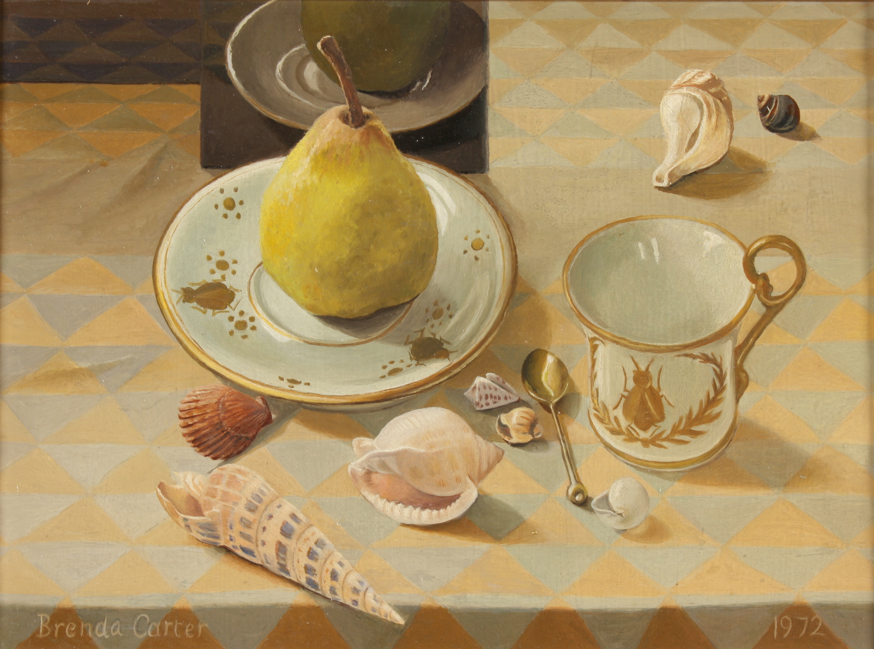 Brenda CARTER Still Life with a Pear Oil on board Signed and dated 1972 Inscribed to the back 24